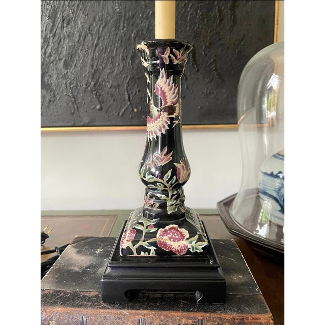 Wood Early 20th Century Pair of Vintage Bradburn Gallery Black Chinoiserie Buffet Lamps For Sale - Image 7 of 10
