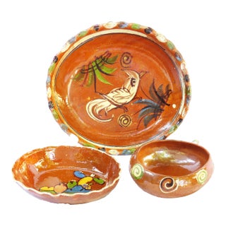 Midcentury Mexican Folk Art Redware Serving Bowls, Set of 3 For Sale