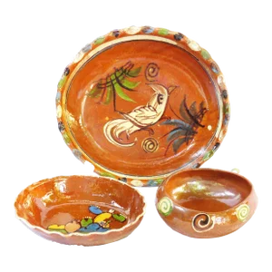 Midcentury Mexican Folk Art Redware Serving Bowls, Set of 3