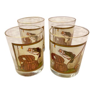 Vintage Double Old Fashioned B Atwater Bass Fishing Print Glasses- Set of 4 For Sale