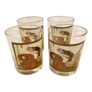 Vintage Double Old Fashioned B Atwater Bass Fishing Print Glasses- Set of 4
