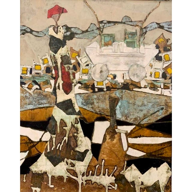 A cart laden with loosely defined forms moves across a ground of gold leaf, rendered in burnt sienna and cobalt that sit...