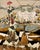 A cart laden with loosely defined forms moves across a ground of gold leaf, rendered in burnt sienna and cobalt that sit...