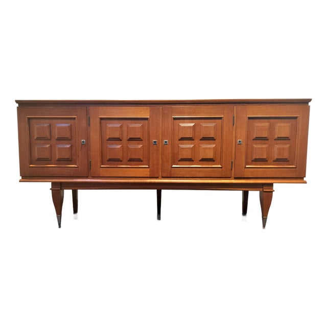 Mid Century Modern French Oak Sideboard With 4 Carved Doors 1960s For Sale