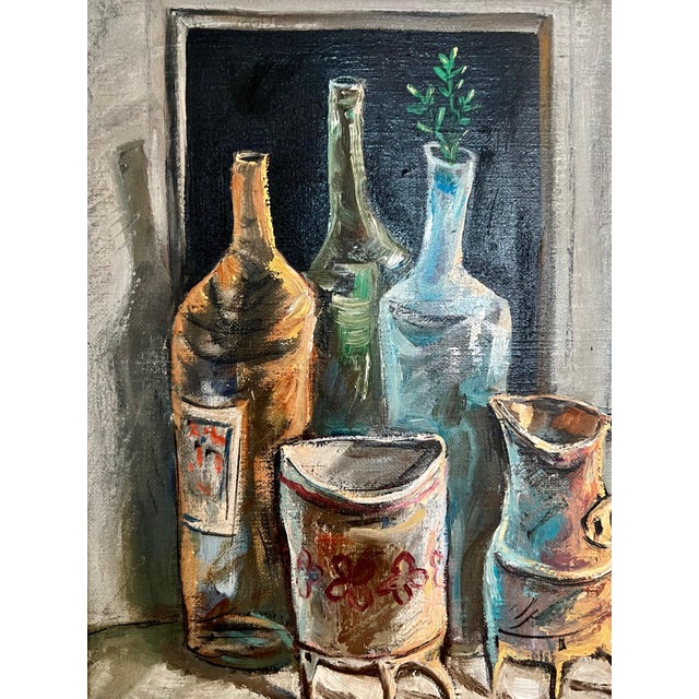 Yosl Bergner, Israeli Yosl Bergner Modernist OIl Painting Kitchen Bottles Coffee, Vase For Sale In Miami - Image 6 of 8