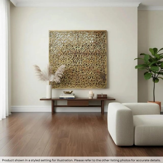 Dimensions: 71" W x 2.5" D x 71" H Intricately hand carved fretwork, this wall panel features a floral pattern. The panel...