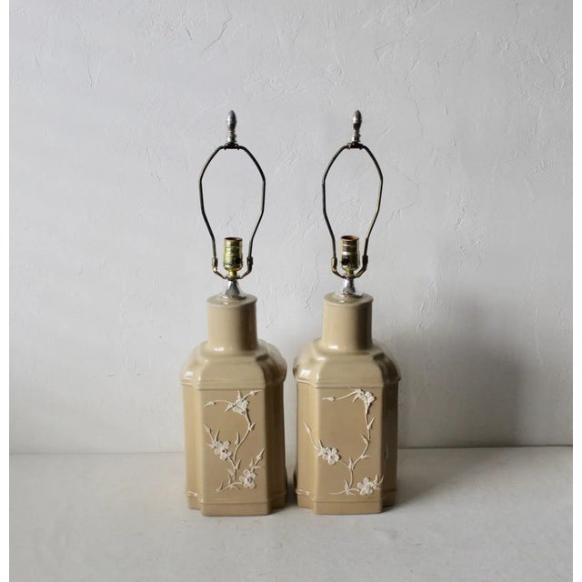 Novelty Crystal Corp Flower Over Beige Chinoiserie Ceramic Table Lamps