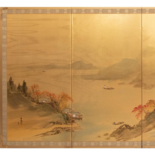 Japanese 1970s Shōwa Era Japanese Byobu Screen, "Autumn Landscape With River" For Sale - Image 3 of 18