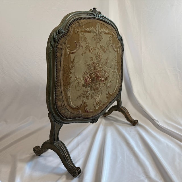 Antique French Louis XV Style Painted Firescreen | Aubusson-Style Tapestry Panel | Sage Green Cabriole Legs | 37in For Sale - Image 10 of 18