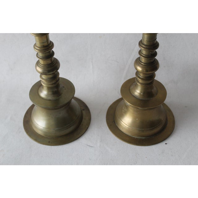 Brass Vintage Mid Century Large Brass Altar Floor Candle Holders Patina, a Pair For Sale - Image 8 of 10