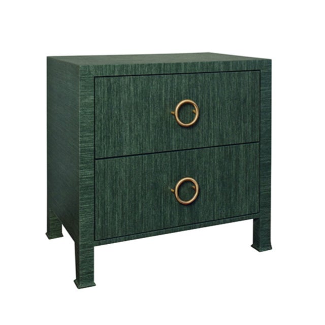 Contemporary Matthew Izzo Home Edelman Green Grasscloth Two Drawer Side Table With Antique Brass Hardware For Sale - Image 3 of 5