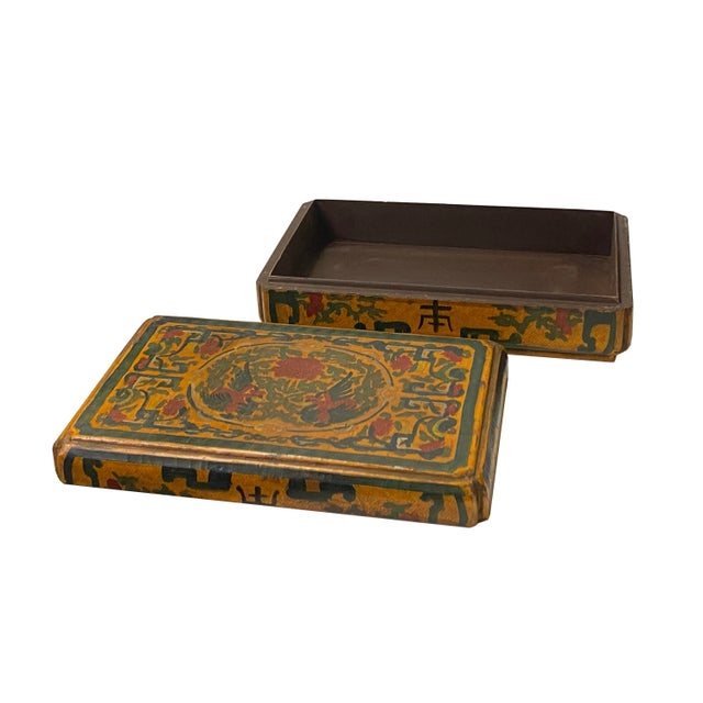 Chinese Distressed Yellow Phoenix Graphic Rectangular Shape Box For Sale - Image 4 of 8