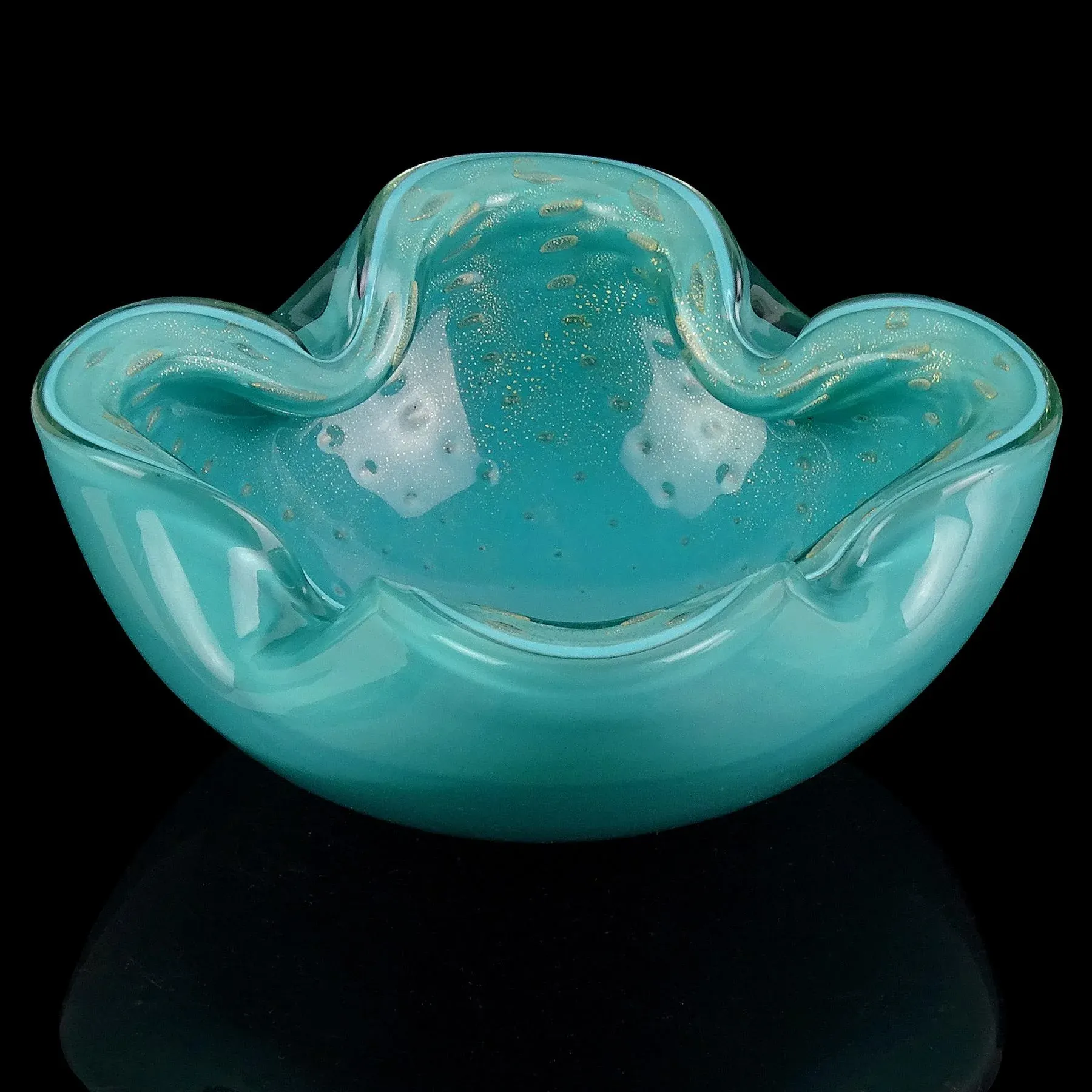 Vintage Murano Alfredo Barbini Teal Blue Green Gold Fleck Bubbles