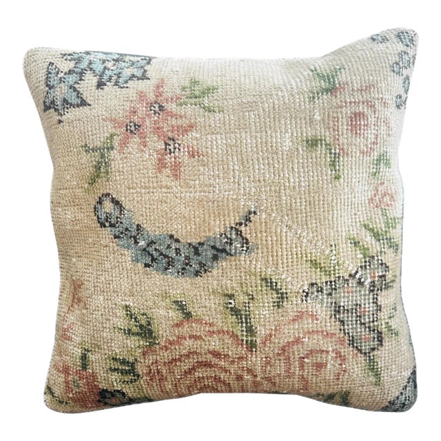 Vintage Turkish Isparta Rug Pillow Cover 16x16 – Faded Floral Wool Cushion For Sale