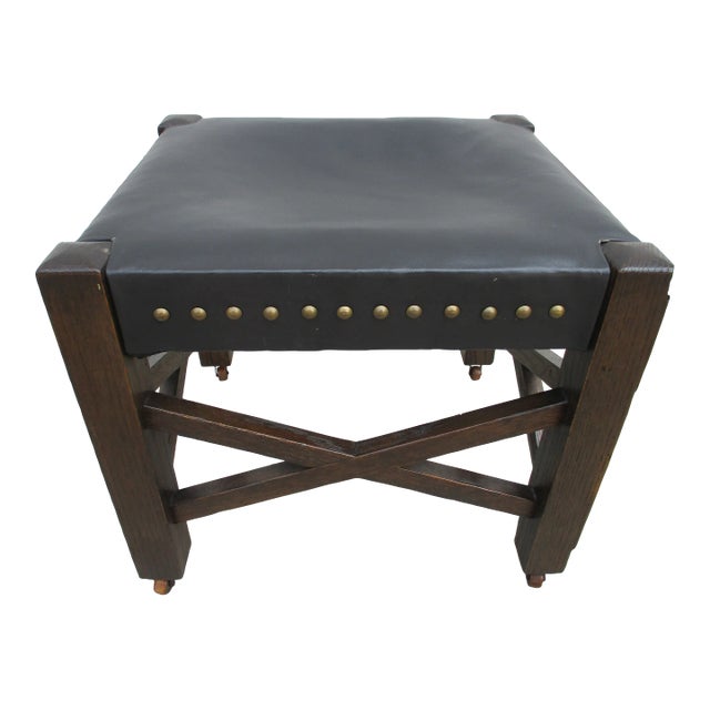Mission Arts & Crafts Style Black Leather Footstool on Wooden Casters For Sale