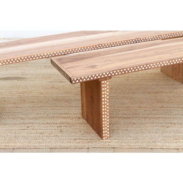 1990s Pair of Teak Mother of Pearl Inlay Benches For Sale - Image 5 of 11