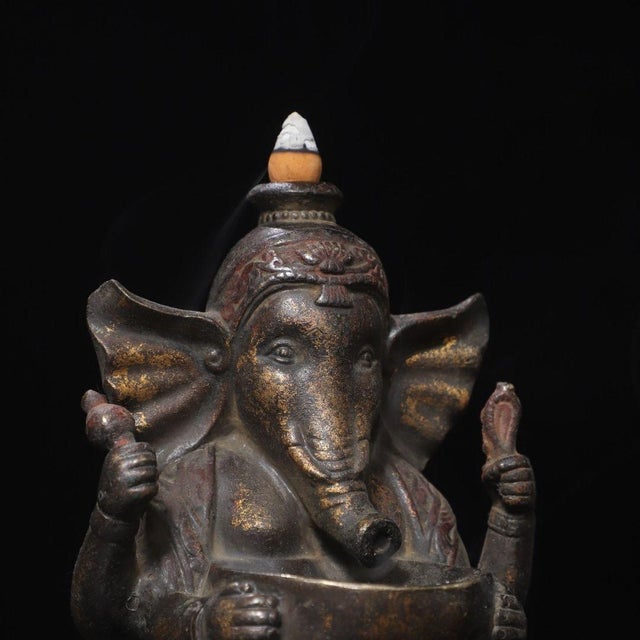 Brass Vintage Gilt Brass Ganesha Backflow Incense Burner – Elephant God Statue For Sale - Image 8 of 9