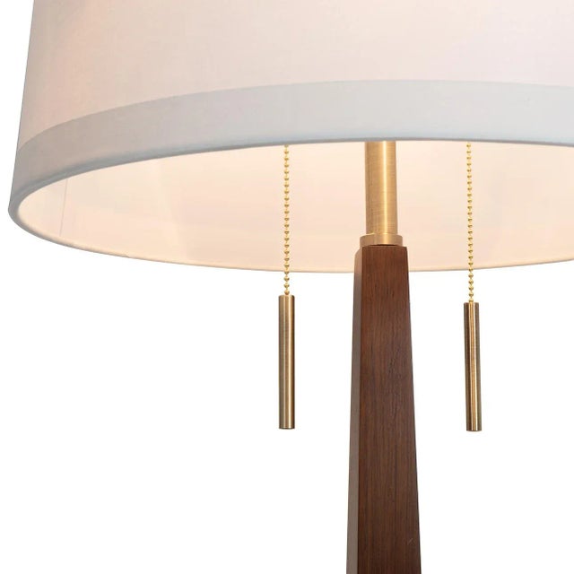 1960s Taper Floor Lamp - Dark Walnut Wood Finish, Weathered Brass, White Linen Shade, Dimmer For Sale - Image 5 of 10