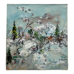 Vintage Mini Oil Winter Mountain Cabin Painting - Unframed