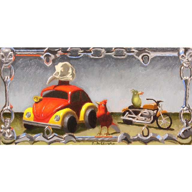 This artwork features a whimsical arrangement of a toy car, a vibrant red bird, and a motorcycle, all framed by a stylized...