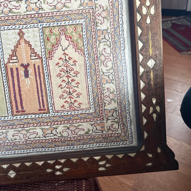 1900 - 1909 Antique Silk Prayer Rug in Antique Wood, Mother of Pearl, and Brass Frame For Sale - Image 5 of 8