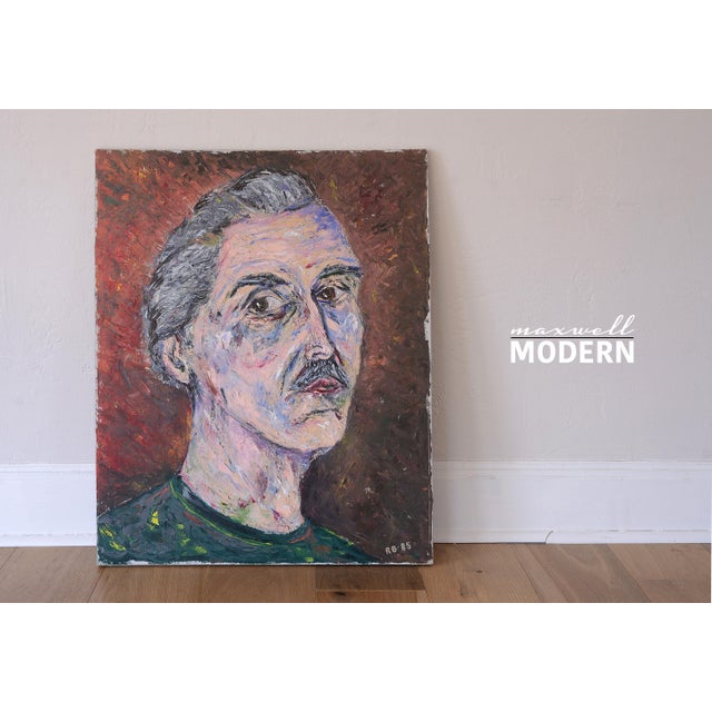 Striking man portrait painting from 1985, signed "RB." 80s postmodernism with a dash of mid century era abstract...