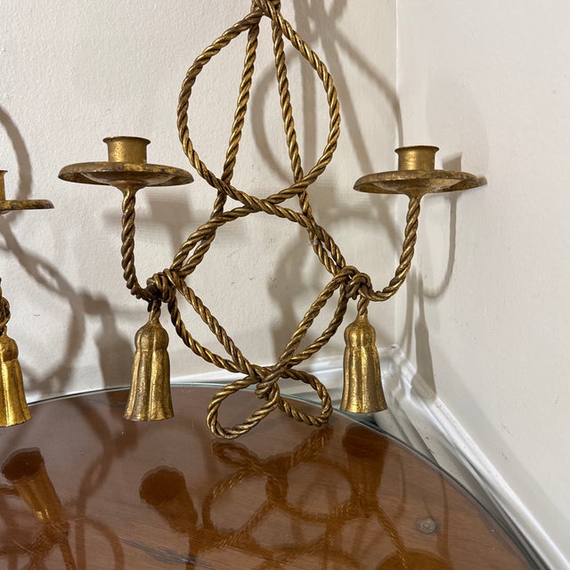 Hollywood Regency Vintage Pair Brass Rope Tassel Wall Sconces Hollywood Regency Candle Holders For Sale - Image 3 of 9