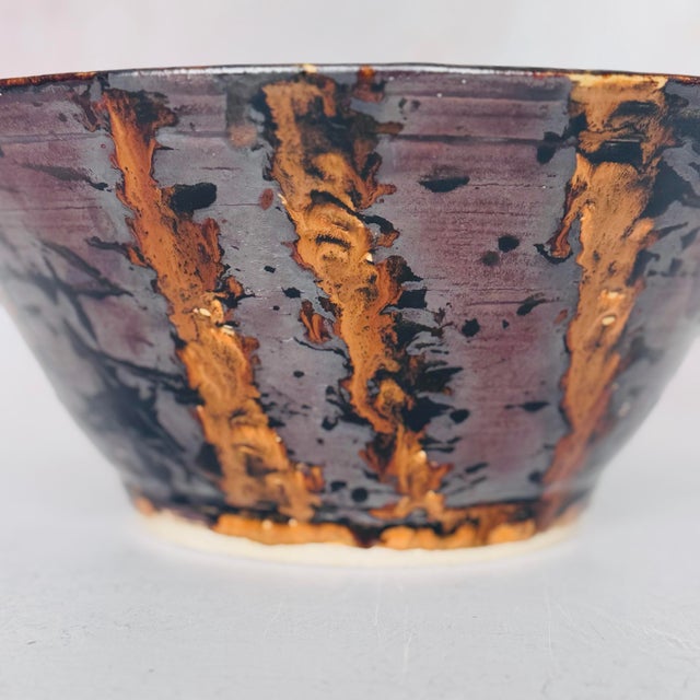 Ebony Signed Studio Pottery Bowl | j.a. Ridley 2013 | Drip Glaze Stoneware | Bronze & Black Oil-Spot Glaze | Large Centerpiece Bowl For Sale - Image 8 of 12