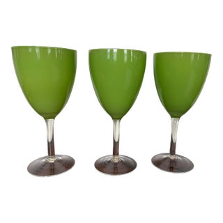Italian Mid-Century Green Cased Glass Wine Goblets | in the Manner of Carlo Moretti or Salviati | Set of 3 For Sale