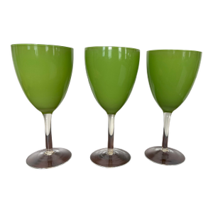 Italian Mid-Century Green Cased Glass Wine Goblets | in the Manner of Carlo Moretti or Salviati | Set of 3