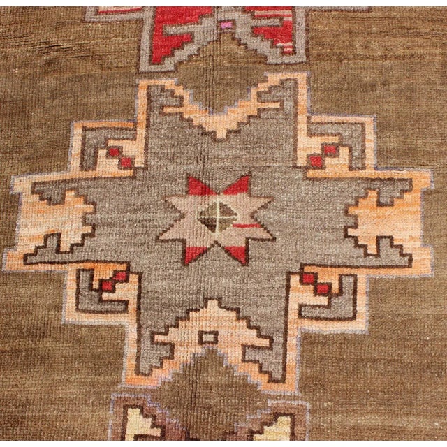Brown Vintage Turkish Kars Runner With Brown, Red, Yellow, and Soft Pink Tones For Sale - Image 8 of 13