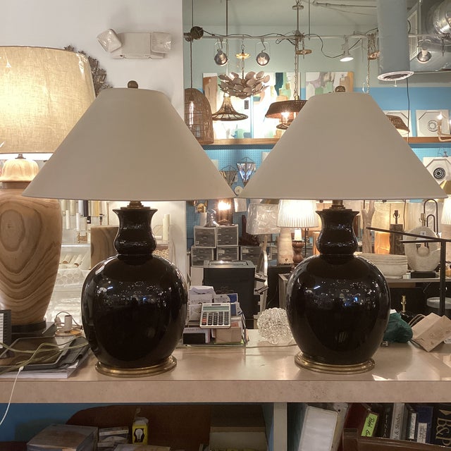 Pair of Ralph Lauren Gloss Black "Malin Ming" Lamps With Cream Coolie Shades and Brass Bases For Sale - Image 11 of 11