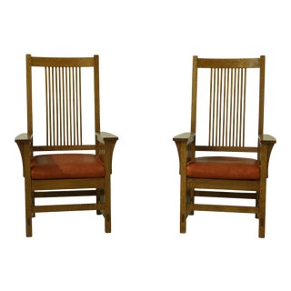 Pair Stickley High Back Mission Oak Armchairs For Sale