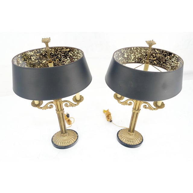 Pair of Solid Brass & Marble Candelabra Style Table Lamps w/ Matching Shades For Sale - Image 10 of 12