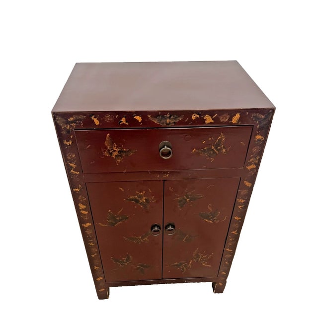 Gorgeous Mid Century Chinese Console Cabinet One Drawer Chinoiserie Hand Painted Butterflies and Flowers. 30" Tall X 13"...