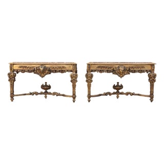 Antique Italian Baroque Giltwood Console Tables With Breccia Marble Tops | Pair | Circa 1900s For Sale