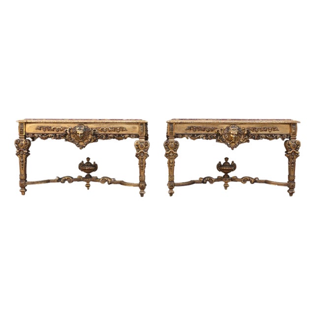 Antique Italian Baroque Giltwood Console Tables With Breccia Marble Tops | Pair | Circa 1900s For Sale