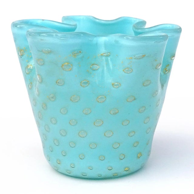 Beautiful vintage Murano hand blown light blue, bubbles and gold flecks Italian art glass fazzoletto vase. Created in the...