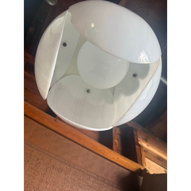 Vintage Mid Century Modern Tulip Milk Glass & Brass Hanging Pendant Lights, Pair For Sale - Image 10 of 10