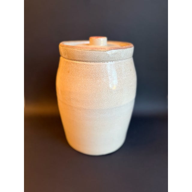1900 - 1909 Antique Off White Salt Glazed Crock With Lid For Sale - Image 5 of 11