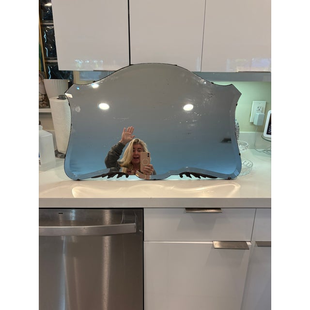 French Antiqued Shield Wall Mirror With Carved Scroll Wood Accents For Sale - Image 3 of 15