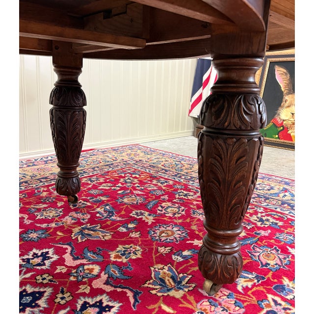 Antique English Butterfly Leaf Oval Carved Dining Table 118" Tiger Oak C1920-30s For Sale - Image 13 of 17