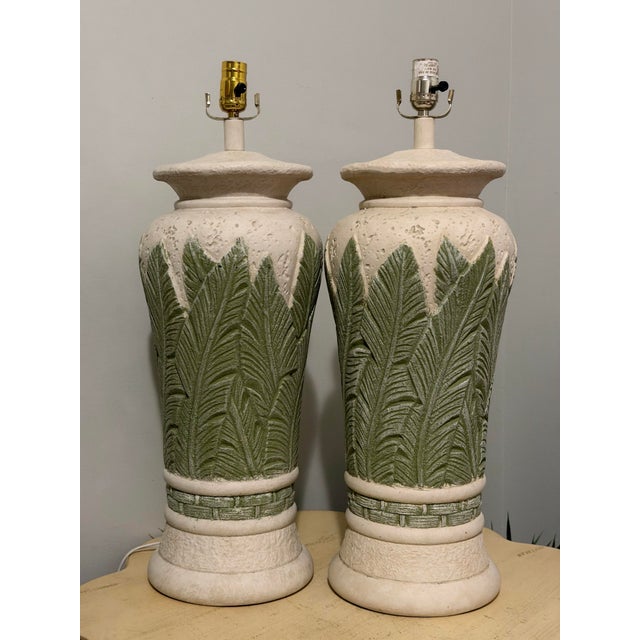 Sculpture Materials Vintage Monumental Pair of Plaster Tropical Table Lamps For Sale - Image 7 of 8
