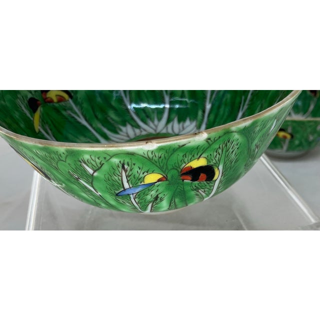 Set of 4 Antique Chinese Export Porcelain Famille Vert”box Choyleaf” Pattern Rice or Soup Bowls For Sale - Image 9 of 12