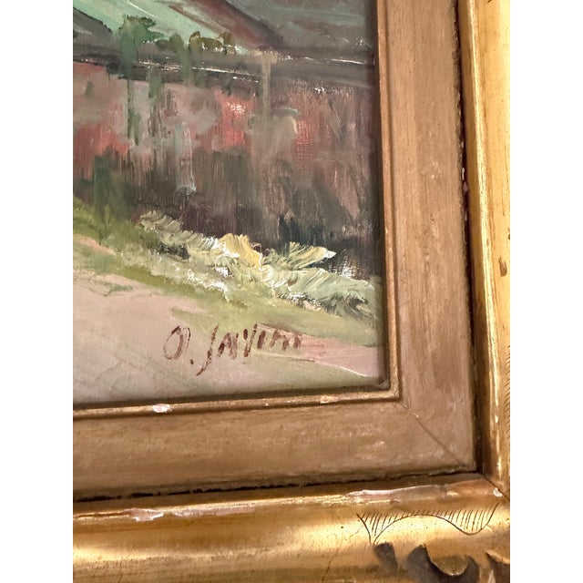 Impressionist Village Street Scene With Horse-Drawn Carriage, Signed, Oil on Canvas, Carved Giltwood Frame For Sale - Image 4 of 6
