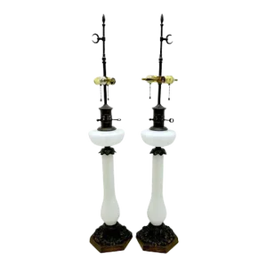 Late 19th Century Tall French Neoclassical Opaline Oil Lamps, Now Electrified - a Pair