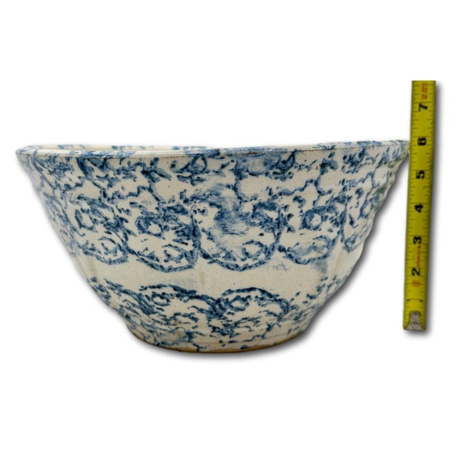 Beautiful Large 12 Inch Size Antique American Blue Spongeware Decorated Stoneware Kitchen Mixing Bowl - 1890s For Sale - Image 4 of 18