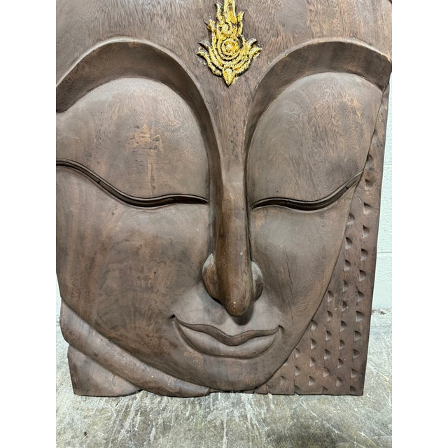 Vintage Boho Carved Acacia Wood Buddha Head Panel For Sale In Richmond - Image 6 of 9