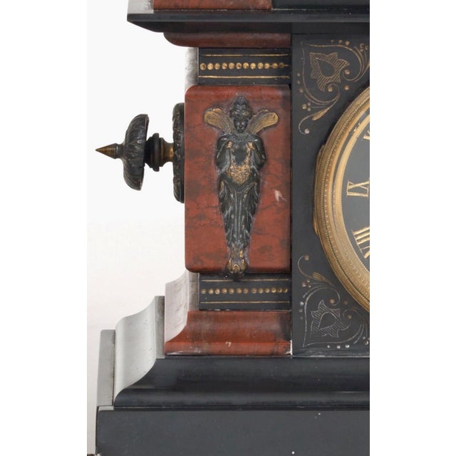 Antique Samuel Marti French Rouge Marble &Bronze 8 Day Mantle Clock Garniture For Sale - Image 4 of 14