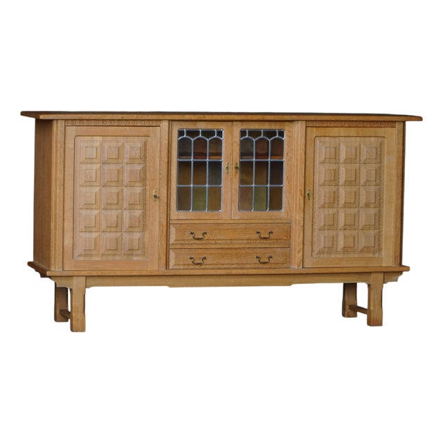 Danish Oak Sideboard with Leaded Glass Doors by Henning Kjærnulf, Denmark, 1960s For Sale